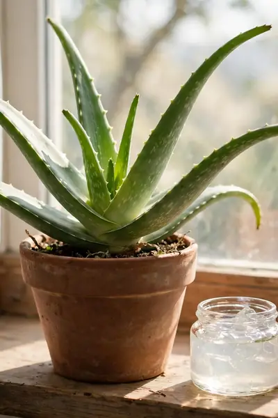 aloe vera in a terracotta pot on a windowsill