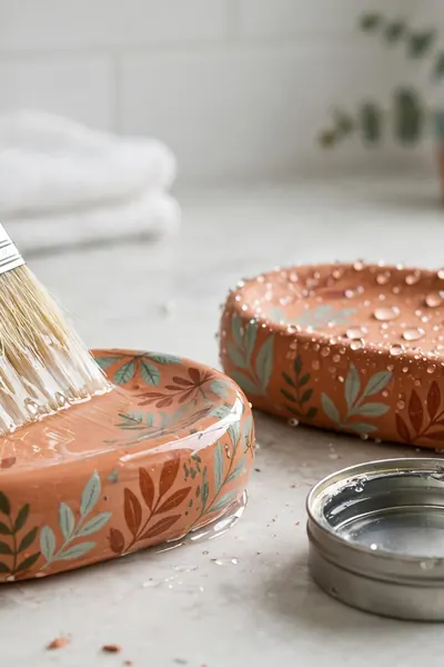 Brushing clear waterproof sealer onto a painted clay dish