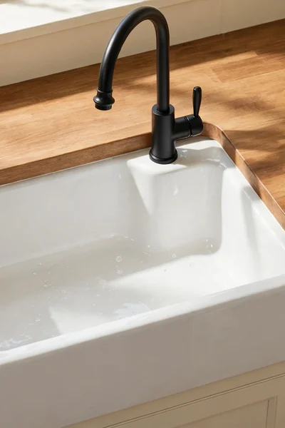 White apron-front farmhouse sink
