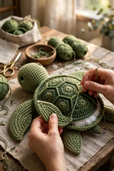 Hands sewing flipper onto crochet turtle shell