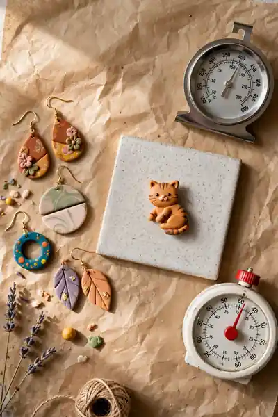 Polymer clay earrings and figurine on tile with thermometer and timer