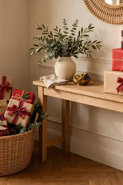 basket of wrapped faux gifts in entry