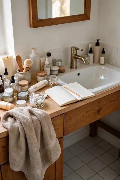 Bathroom counter audit with notebook and pencil