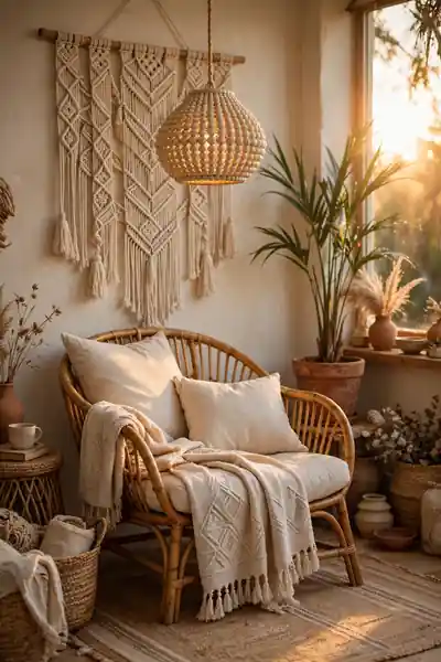 Beaded pendant lamp in a boho living room