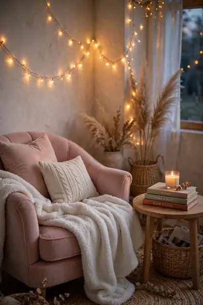 bedroom corner reading nook with fairy lights