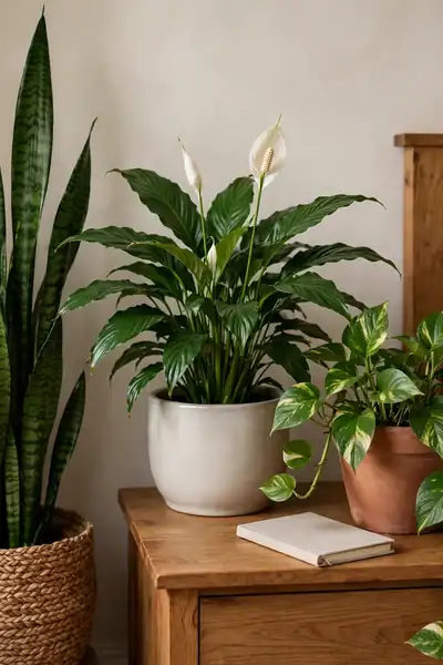 snake plant peace lily and pothos in a bedroom corner