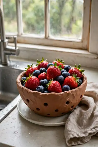 Clay berry bowl with drainage holes filled with strawberries