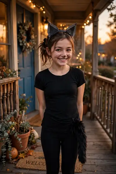 Girl dressed as a black cat with ears and whiskers