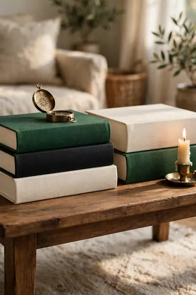 Two neat hardcover book stacks topped with one small object