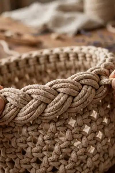 macrame basket with thick braided rim
