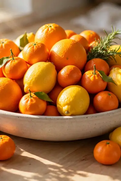Bowl of bright winter citrus fruits