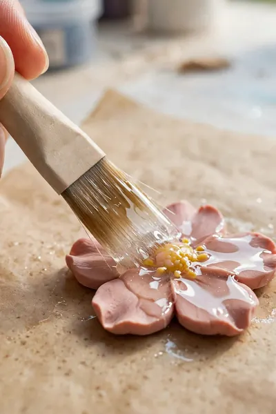 Applying brush-on glaze to clay pendant