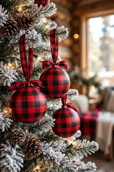 Buffalo plaid ornaments on flocked tree