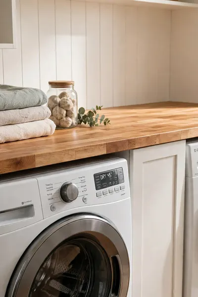 butcher block counter spanning washer and dryer