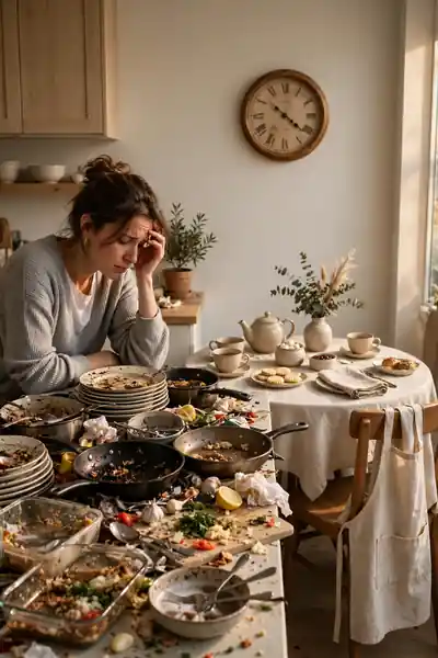 A calm set tea table beside a busy kitchen counter