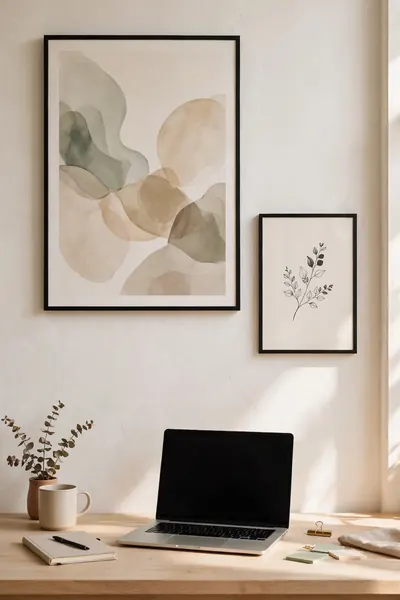 Calming abstract wall art above home office desk