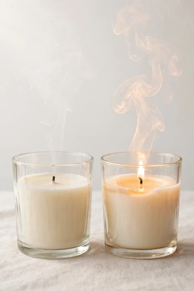 Unlit and lit candles showing cold throw versus hot throw