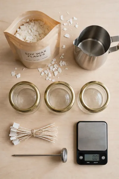 Flat lay of soy wax, jars, wicks, thermometer and kitchen scale
