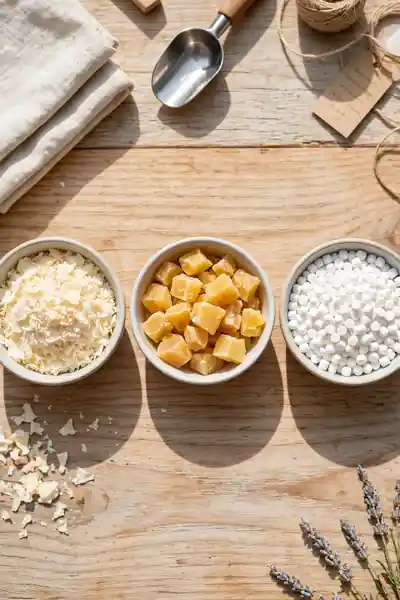 Three bowls of soy, beeswax, and paraffin candle wax