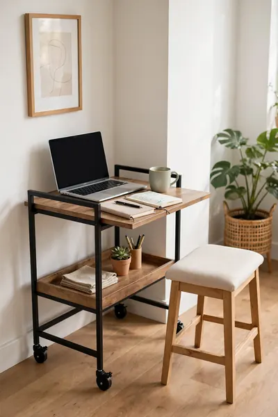 Rolling cart desk parked in a corner