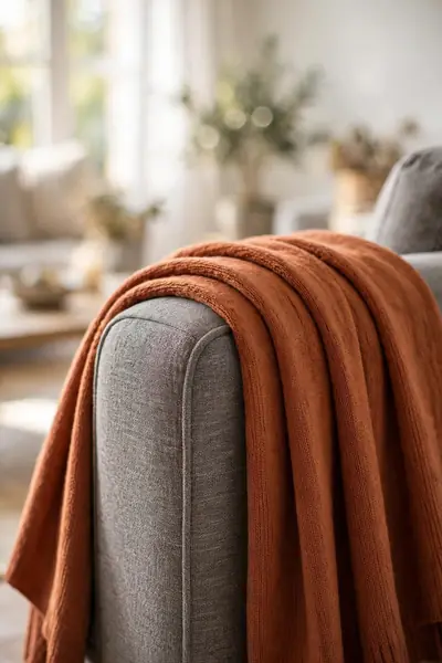 Rust throw blanket cascading over a loveseat armrest