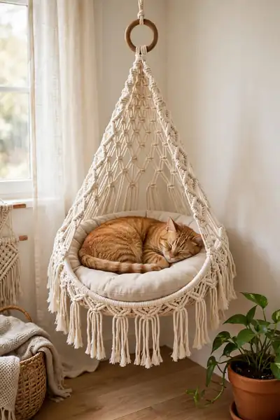 Orange tabby cat sleeping in a cream macrame hanging bed by a window