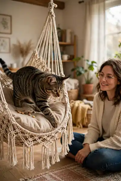 Tabby cat stepping one paw into a low macrame hammock