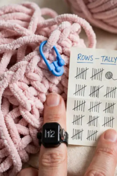 Chenille yarn stitches with stitch marker and row counter