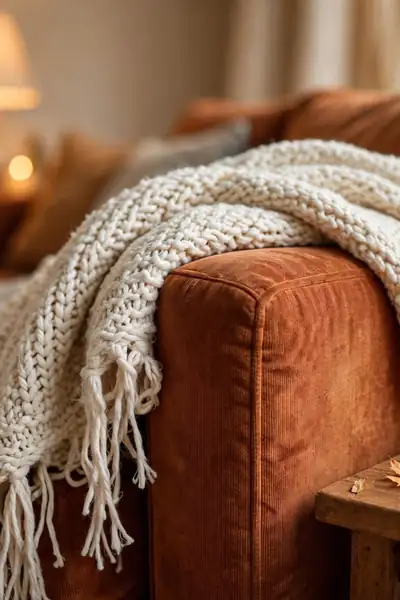 Chunky knit throw draped on sofa arm