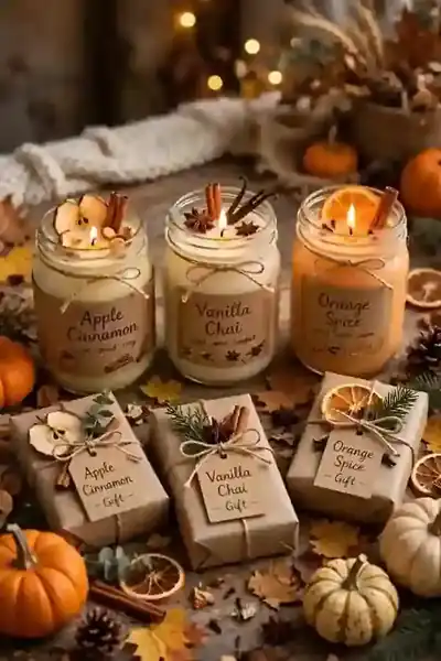 Gift-wrapped homemade fall candles collection