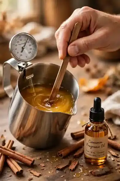 Stirring cinnamon fragrance oil into melted wax
