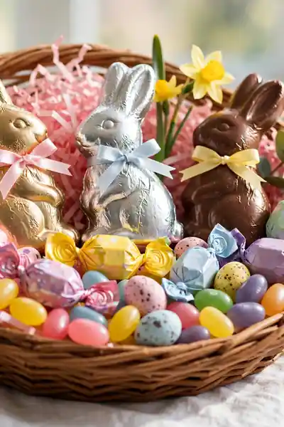 Classic candy Easter basket with chocolate bunnies