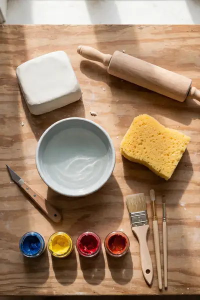 Air dry clay bowl making supplies with rolling pin tools and acrylic paints