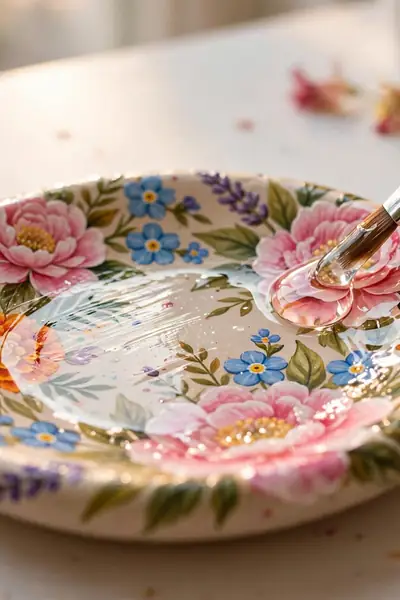 Clear coat going onto a painted clay dish