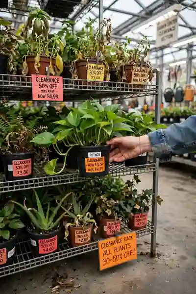 Shopper choosing a discounted plant from a clearance rack