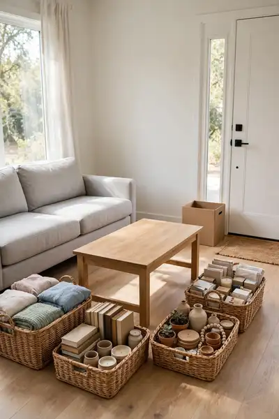 Living room surfaces cleared bare with objects grouped in baskets