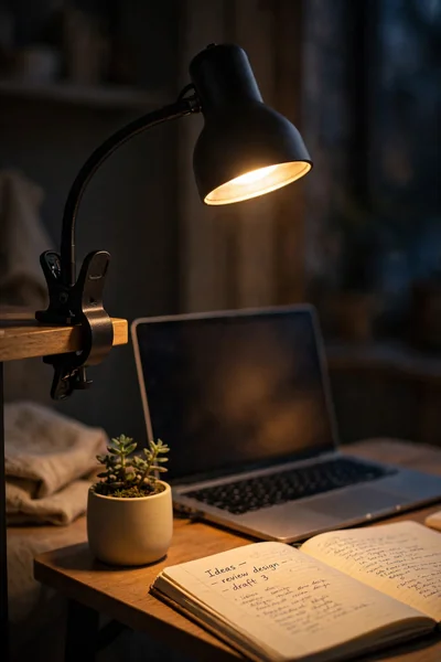 Clip-on task lamp lighting a small desk
