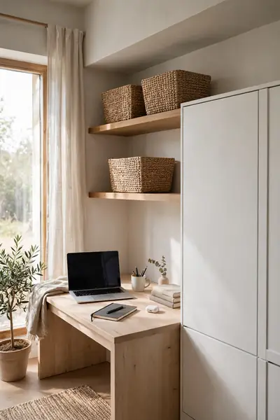 Closed cabinets and woven baskets hiding clutter