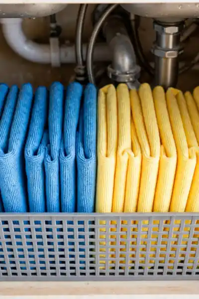 Microfiber cloths folded and filed upright in a small bin