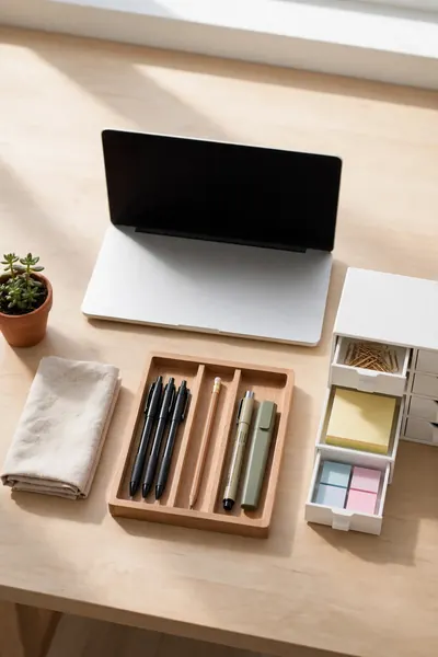 Clutter-free desk with trays and drawer organizers