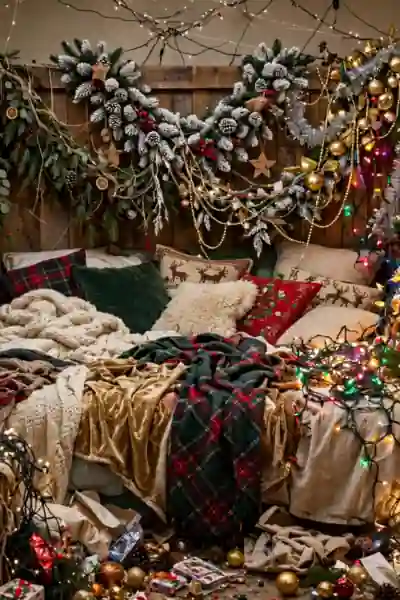 Overfilled festive bedroom with decor on every surface