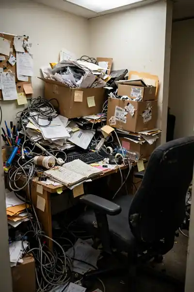 Cluttered desk corner with papers and cables
