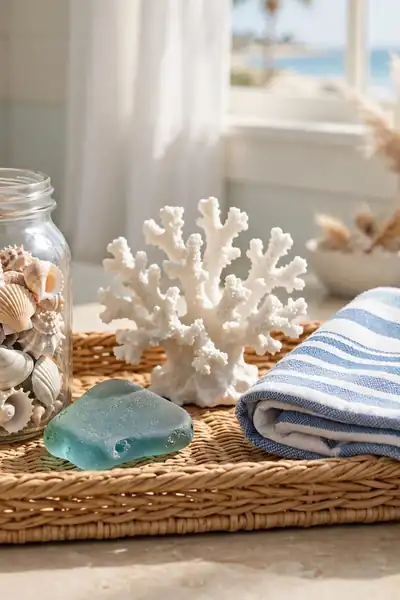 Coastal tray with shells and sea glass jar