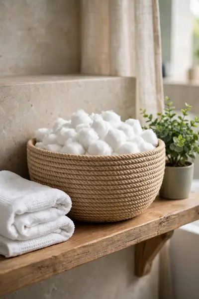 Coil wrapped clay bowl filled with cotton balls on a bathroom shelf