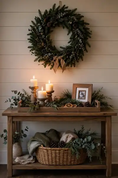 christmas tray vignette on console table