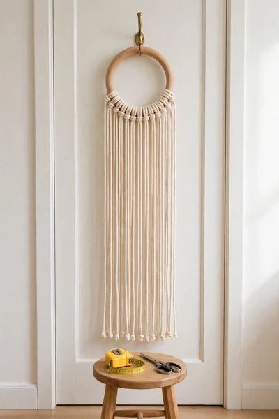 Wooden ring with cords mounted in lark's head knots hanging evenly