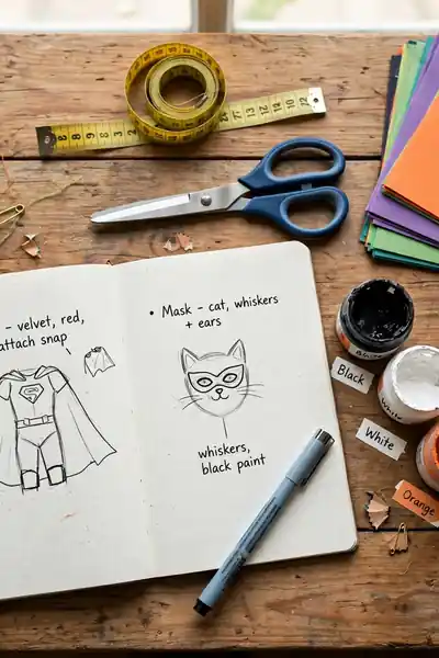 Flat lay with costume making supplies and notebook