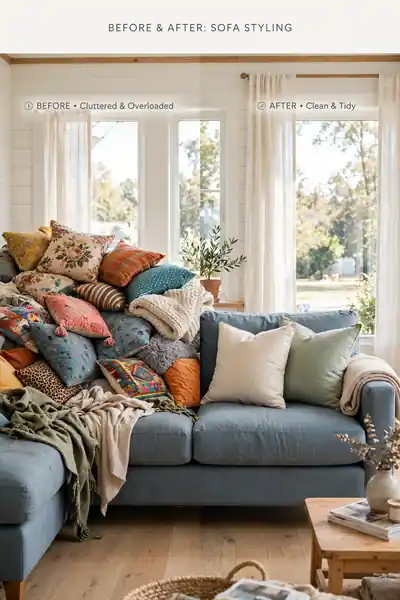 Cluttered sofa compared with a clean styled sofa