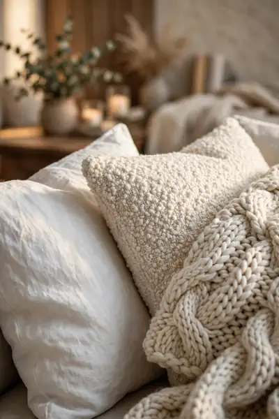 Close-up of mixed texture pillows on a sofa corner