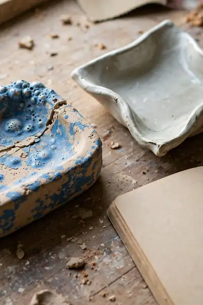 Clay dish with a cracked rim and bubbling paint mistakes